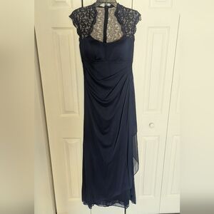Navy Lace Cap-Sleeve Gown